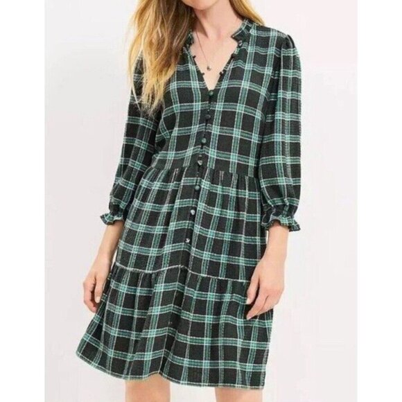 Ann Taylor LOFT Plaid Ruffle Button Swing Dress in Spring Pine Womens S Green - Picture 1 of 12